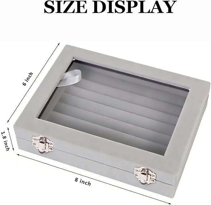 Jewelry Box Rings Organizer Tray 7 Slots Velvet Jewelry Earring Storage Box With Transparent Lid Jewelry Display Case for Girls Women (Gray)