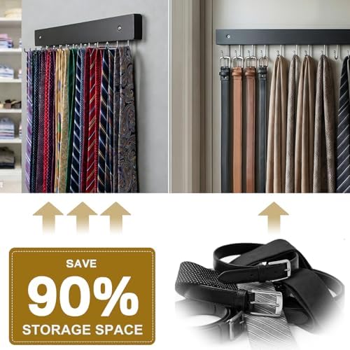 2Pack Wall-Mounted Belt & Tie Rack Organizer, Wooden with 28 Rotating Hooks - Image 2