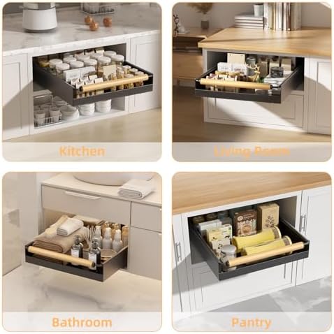 2 Pack 15.3'' Deep Expandable Slide Out Cabinet Shelf No-Drill Pull Out Drawer with Nano Film Adhesive, Heavy Duty Pull Out Tray for Kitchen, Pantry & Bathroom, Black - Image 5