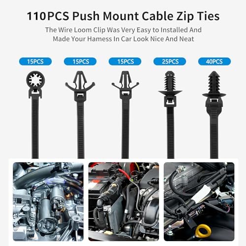 Armpow 110 PCS Automotive Installation Black Push Mount Cable Zip Ties Assorted Sizes, Heavy Duty Self-Locking UV Resistant Wire Ties - For Indoor Wire Bundling, Construction, Automotive - Image 2