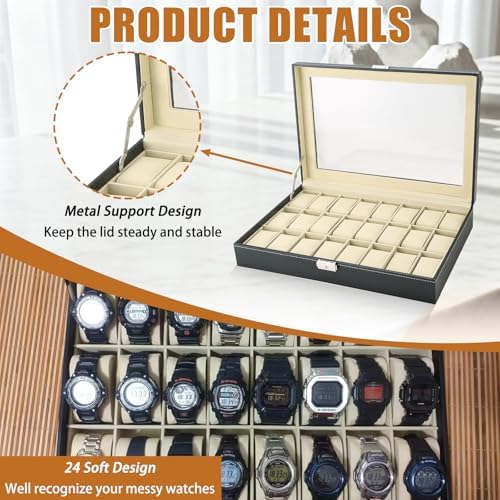 MAOPINER 24 Slot Watch Box with Glass Display Lid Watch Storage Case - Image 5