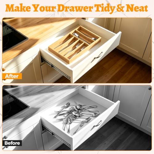 Bamboo Silverware Drawer Organizer, 6 Slots Kitchen Drawer Tray - Image 4