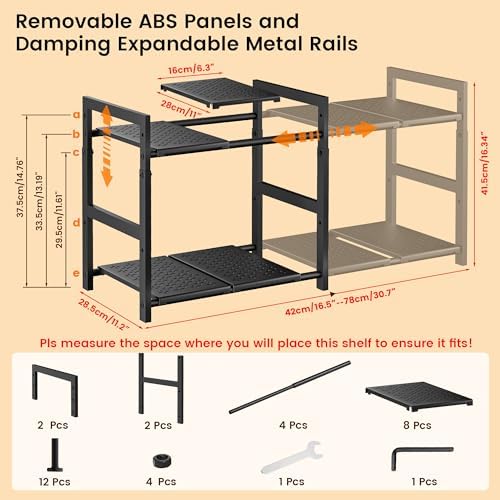Under Sink Organizer and Storage 16.5"-30.7" Expandable Length, Adjustable Height Max 16.7" Under Sink Shelf 2 Tier with Removable ABS Panels Metal Frame for Bathroom Kitchen Pantry Cabitnet Pot Pan - Image 2