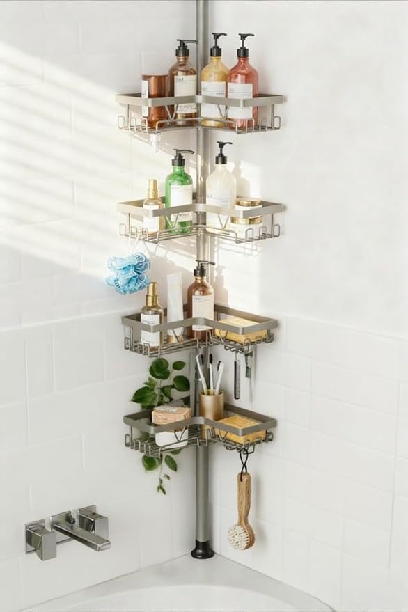 KEGII Shower Caddy Tension Pole, 4-Tier Rustproof Adjustable Corner Bathroom Organizer for Renters, 25–114.2 Inch No Drill Space-Saving Shower Storage Rack, Silver Gray