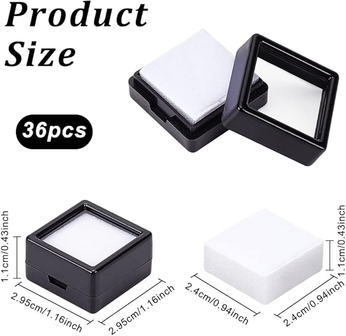 BENECREAT 36 Pcs Black Gemstone Display Box Plastic Transparent Bare Stone Box Black Square Jewelry Box 1.16x1.16x0.65 Suitable for Gemstone, Jewelry, Crystal Diamond Accessories Display