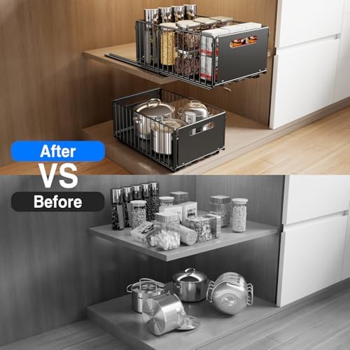 Mustorn 2 Pack Pull Out Cabinet Organizer, Slide Out Drawers for Cabinets, Peel and Stick, Heavy Duty Shelves for Kitchen, Cupboard, Pantry, Bathroom (14.76" D*9.65" W*7.87" H-Black) - Image 6