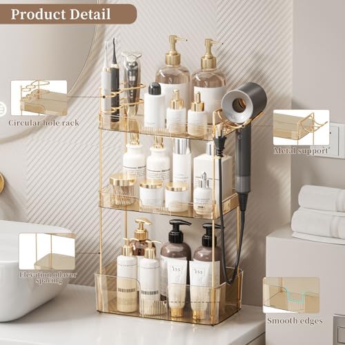 Akinbas 3 Tier Bathroom Organizer Countertop Makeup Perfume Tray Skincare Organizer Comes with Hair Dryer Rack and Toothbrush Holder for Bathroom Dresser Vanity (Gold) - Image 4
