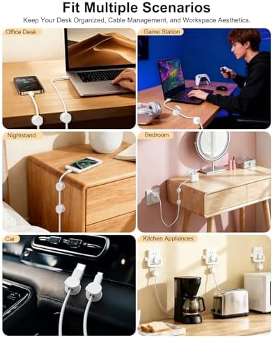 OneLeaf 12 Pack Spring Cable Clips for Phone Charger, One-Hand Cord Holder for Nightstand & Desk, Rotatable Desk Cable Management with Strong Adhesive, White - Image 7