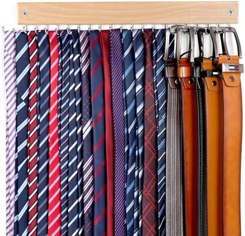 Belt and Tie Organizer for Closet, Tie and Belt Rack Wall Mounted with 20 Storage Hooks, Non Slip 180 Degree Rotating Tie Holder Belt Hanger for Closet/Wall Mount by OTECKK