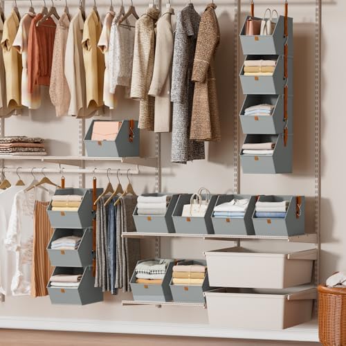 Homsorout Hanging Closet Organizer 4 Tier - Clothes Hanging Shelves, Space-Saving Closet System, Fabric Storage Bins Bedroom Organization, Collapsible Baskets for Home, Dorm, Rv, Grey, 8 Pack - Image 4