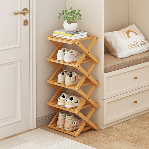 5 Tier Foldable Shoe Rack, Bamboo Vertical Shoe Organizer Tall for Multifunctional Narrow Shoe Shelf for Entryway, Closet, Corner, Bedroom, Hallway(Natural) by XZXWZX