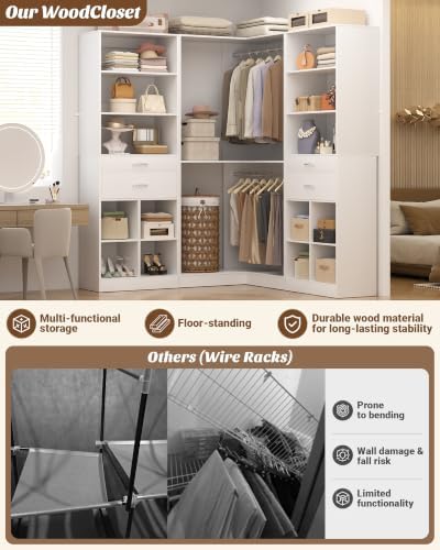 Besiost Closet System with 4 Drawers, 53.5" * 53.5"/ 31.5"*75.5" Closet Organizer System with Corner Tower, L Shaped Walk-in Closet System, Corner Closet System with Shelves, Set of 3, White - Image 6
