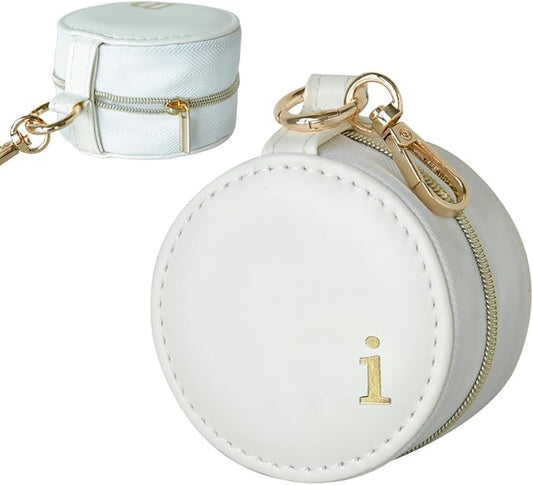 COLLECTIVE HOME - Monogrammed Letter Jewelry Case, Portable Travel Ring Holder Box with Keychain, Personalized Initial Organizer for Earrings Necklaces, Gift for Her (White-i)