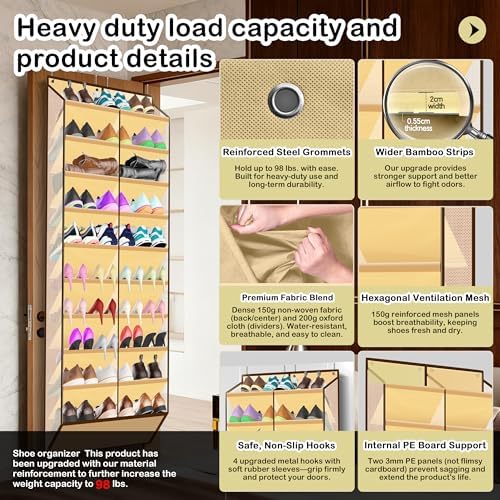 Kotkn 10-Tier Over the Door Shoe Organizer, 20 Pockets Holds 20-30 Pairs, Heavy-Duty Oxford Fabric with Hexagon Mesh for Boots & Sneakers, Beige - Image 3