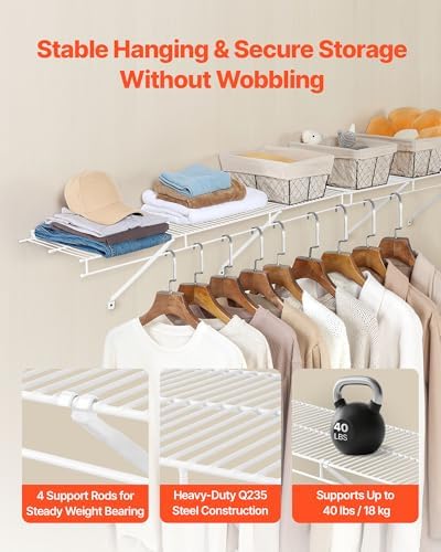 VEVOR Wire Shelf Kit, 4 ft, Set of 2, Wall Mounted Wire Shelves, Heavy-Duty Carbon Steel Hanging Shelf, Floating Wall Storage Shelves with Dip Coating, for Closet, Bedroom, Living Room, Office, Pantry - Image 6