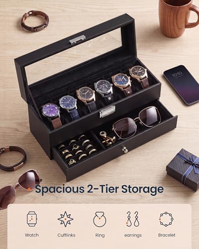 SONGMICS HOME Watch Box, PU Watch Case Organizer with Glass Lid, Removable Pillows, Metal Hardware, Lockable, 6 Slots, Black - Image 3