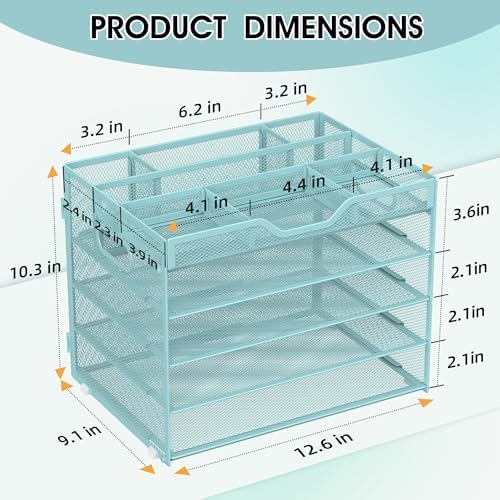 5 Tier Paper Letter Tray Desk Organizer with Pen Holders - Blue - Image 2