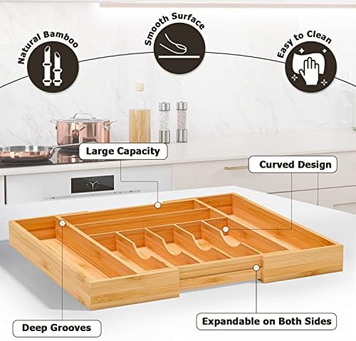 Utensil Organizer Silverware Tray For Drawer - Expandable Silverware Organizer Bamboo Flatware Organizer for Kitchen Utensils and Cutlery, Living Room Storage Box W13.5"-19.9" x L17.6" (Yellow) - Image 2