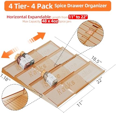 PanPanPal Spice Drawer Organizer, 4 Tier- 4 Pack Amber Acrylic Drawer Seasoning Organizer, Expandable From 11'' to 22'' Kitchen Spice Rack Organizers and Storage for Drawer (Jars not included) - Image 2