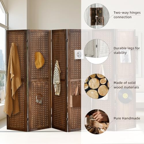 6 Panel Pegboard Display with 24 Hooks,Partition Room dividers, Wooden Room Divider Wall and Folding Privacy Screens, Pegboard Room Divider, Bedroom, Balcony, Dark Brown - Image 3