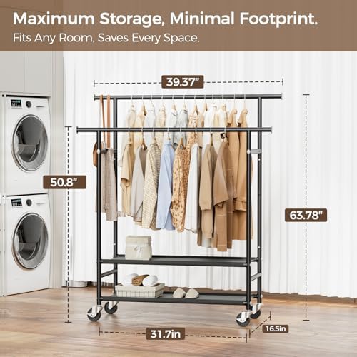 HYSEYY Clothes Rack,Double Rods Rolling Clothing Rack for Hanging Clothes,Portable Garment Rack with 2-Tier Storage Shelves,Free Standing Wardrobe Closet Coat Rack on wheels for Bedroom,Laundry Room - Image 4
