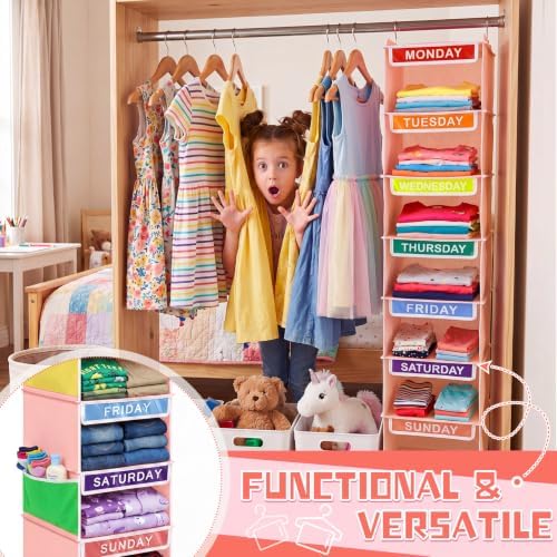 Amylove 2 Pcs 7 Shelf Weekly Clothes Organizer for Kids Hanging Closet Organizer 11. 8 x 11. 8 x 50 Inch Daily Activity Kids Clothes Storage Drawers Cube Drawers Closet Hanging Shelves(Orange Pink) - Image 4