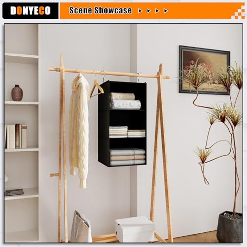 Hanging Closet Organizer 3-Shelf, Oxford Fabric Wardrobe Storage, Black - Image 2