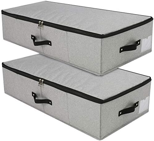 2PCS Foldable Under Bed Storage Container with Plastic Support Liner, Handles, Zipper lid, Sweater Pillow Blankets ClothesStorage Organizer for Bedroom and Closet, 29×15×7inch, Dark Grey by Omygarden