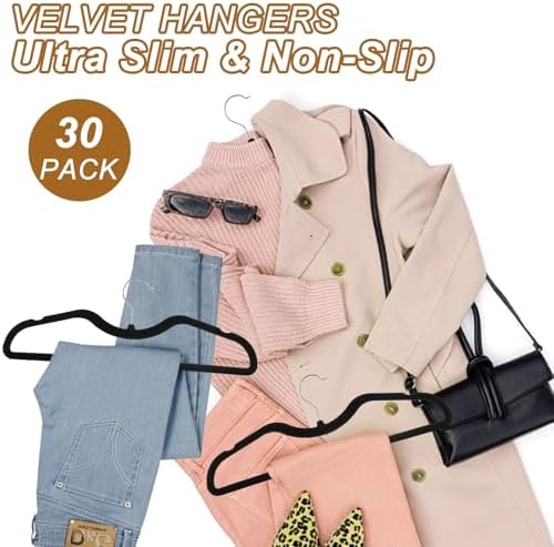 Pants Hangers Non Slip, 30 Pack Velvet Hangers for Closet with 30 Hooks, Strong Durable Slimline Space Saving Pants Hanger, Space Saving Flocked Hangaers for Pants, Shirts, Bra, Shorts (Black-M-shape) - Image 5