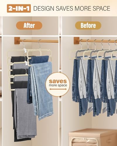 10 Pack Velvet Pants Hangers Space Saving, Non Slip 2-Layer Hanger (Beige) - Image 4