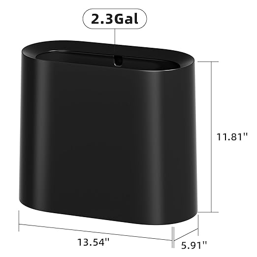 SUBEKYU 2.3 Gal Trash Can for Bathroom,Small Office Garbage Can for Kitchen,Slim Rectangular Waste Bin,Plastic,Black