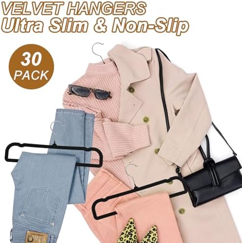 Pants Hangers Space Saving, 30 Pack Velvet Hangers for Closet with 30 Hooks, Strong Durable Non Slip Slim Clothes Hanger, Ultra Soft Flocked Hanger for Pants, Shirts, Bra, Shorts (Black) - Image 5