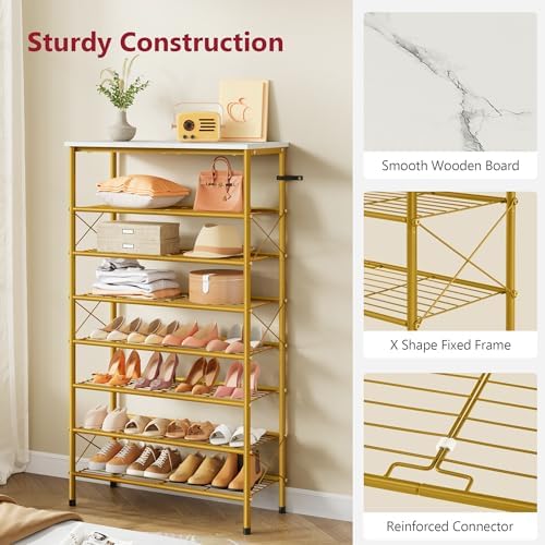 Tajsoon 8 Tier Shoe Rack Organizer for 28-32 Pairs of Shoes, White & Gold - Image 6