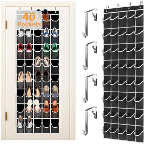 Over the Door Shoe Organizer with 40 Large Pockets, Multi-Purpose Storage for Shoe and Accessories, Durable Fabric with Adjustable Hooks for Home Closet Bedroom Entryway-Black by Unknown