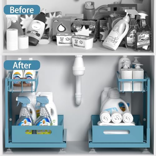 Saydear 2-Pack L-Shaped Under Sink Organizer, 2-Tier Pull-out Cabinet Rack - Image 2