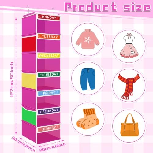 Amylove 2 Pcs 7 Shelf Weekly Clothes Organizer for Kids Hanging Closet Organizer 11. 8 x 11. 8 x 50 Inch Daily Activity Kids Clothes Storage Drawers Cube Drawers Closet Hanging Shelves(Rose Pink) - Image 2
