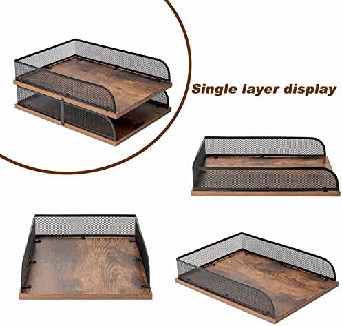 Set of 2 Vintage Wood & Metal Letter Tray，Desk Organizers Paper Tray，Office File Organizer(Black) - Image 3