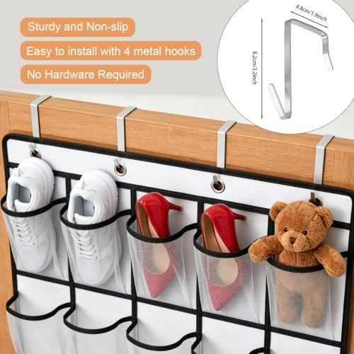 35 Pockets Over The Door Shoe Organizer, Large Breathable Mesh Hanging Shoe Rack with 4 Metal Hooks, Space Saving White Over Door Shoe Storage Holder Mesh Bag for Closet Entryway Bedroom Pantry - Image 5