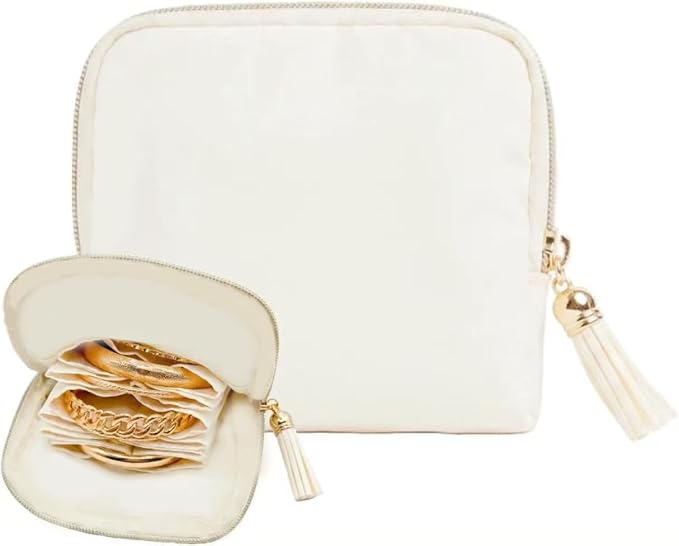 Mini Travel Jewelry Case, Small Jewelry Organizer, Jewelry Travel Case for Women, Portable Travel Jewelry Organizer Bag, Travel Jewelry Box – 5.3 × 5.1 inches (Ivory)