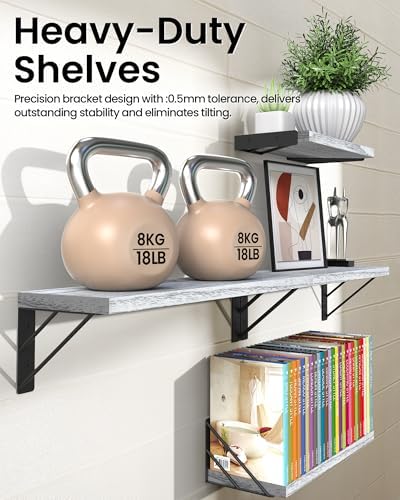 BAYKA Wall Shelves for Bedroom Decor, Wood, Gray White, Set of 4, 16in - Image 4