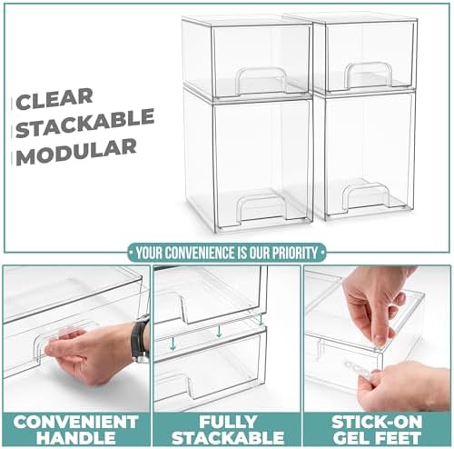 Sorbus Clear Stackable Storage Drawers (4 Pack, 7.6'' and 4.4'' Tall) - Image 5