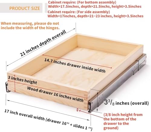 Mulush 16”W x 21”D x 3‘’H Soft Close Slide Out Wood Drawer Organizer for Kitchen, Finished, (Cabinet Opening>17.5 inches for Bottom Assembly, Opening= 17 inches for Side Assembly) - Image 3