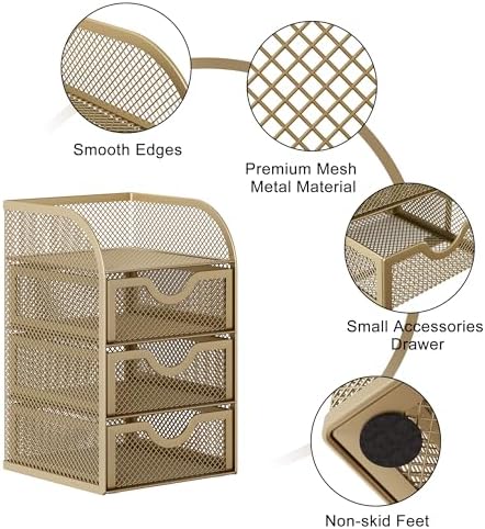 EasyPAG Mesh Desk Organizer with 3 Drawer Office Desktop Organizers and Accessories Stationery Caddy for Office, Home, Students, Gold - Image 3