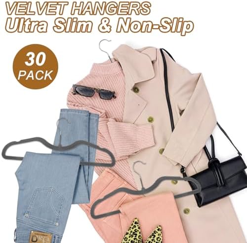 Pants Hangers Non Slip, 30 Pack Velvet Hangers for Closet with 30 Hooks, Slimline Space Saving Pants Hanger, Strong Durable Space Saving Flocked Hangaers for Pants/Shirts/Bra/Shorts (Grey-M-Shape) - Image 5