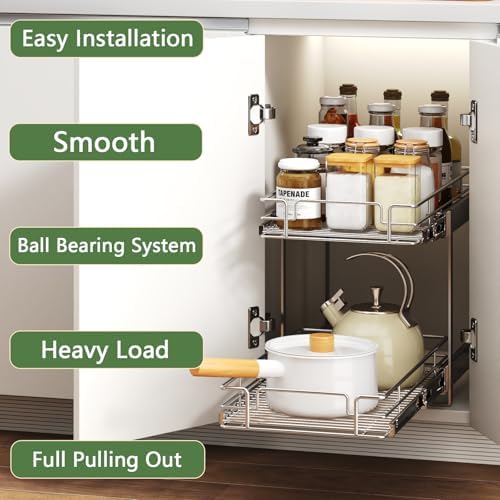 2 Tier Individual Pull Out Cabinet Organizer 13½" W x 18" D, Heavy Duty Cabinet Pull Out Shelves, Slide Out Drawers Organization for Kitchen Cabinets Bathroom - Image 2
