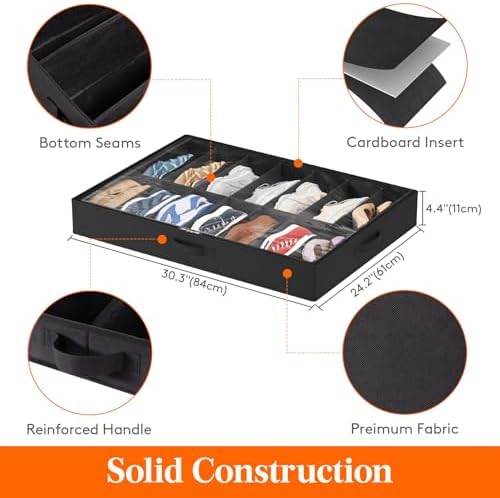 Lifewit Under Bed Shoe Storage Organizer 1 Pack(14 Shoes Cells), 4.3 Inches Profile Fabric Shoes Container Box with Clear Cover, Foldable Storage Bag with 2 Handles, Fits 7 to 14 Pairs - Image 3