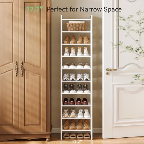 Nunsino Narrow Shoe Rack, 10-Tier Metal Shoe Organizer,Tall Shoe Shelf with Anti-Tip Strap, Max Holds 22 Pairs,Space Saving for Closet,Entryway,White - Image 3