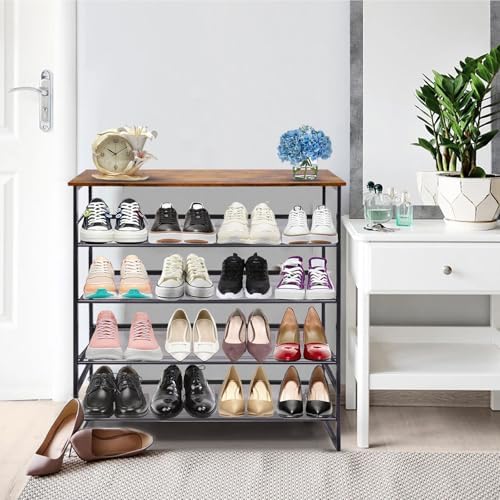 Garden 4 you Shoe Rack for Entryway 5 Tiers 11.8" D x 29" W x 36.5" H, Metal Shoe Rocks with Brown Wooden Tabletop, Angled Shoes Rack with Adjustable Mesh Shelves for Entryway Hallway Closet - Image 7