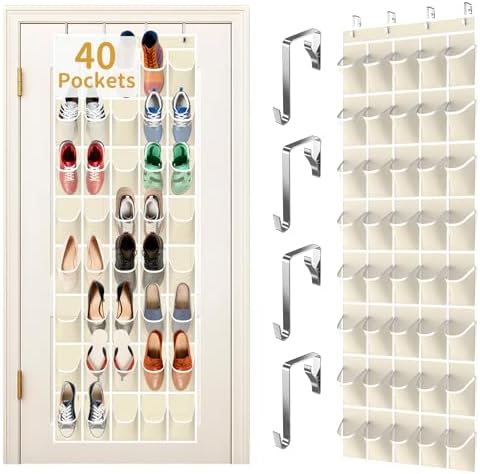 Over the Door Shoe Organizer with 40 Large Pockets, Multi-Purpose Storage for Shoe and Accessories, Durable Fabric with Adjustable Hooks for Home Closet Bedroom Entryway -Beige by Unknown