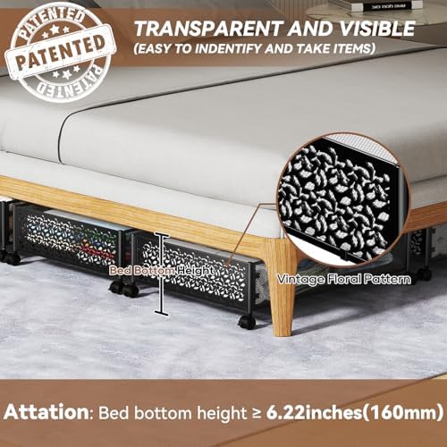 PHINOX Under Bed Storage with Wheels,Patterned,Sturdy Metal,4 Pack,Black - Image 3
